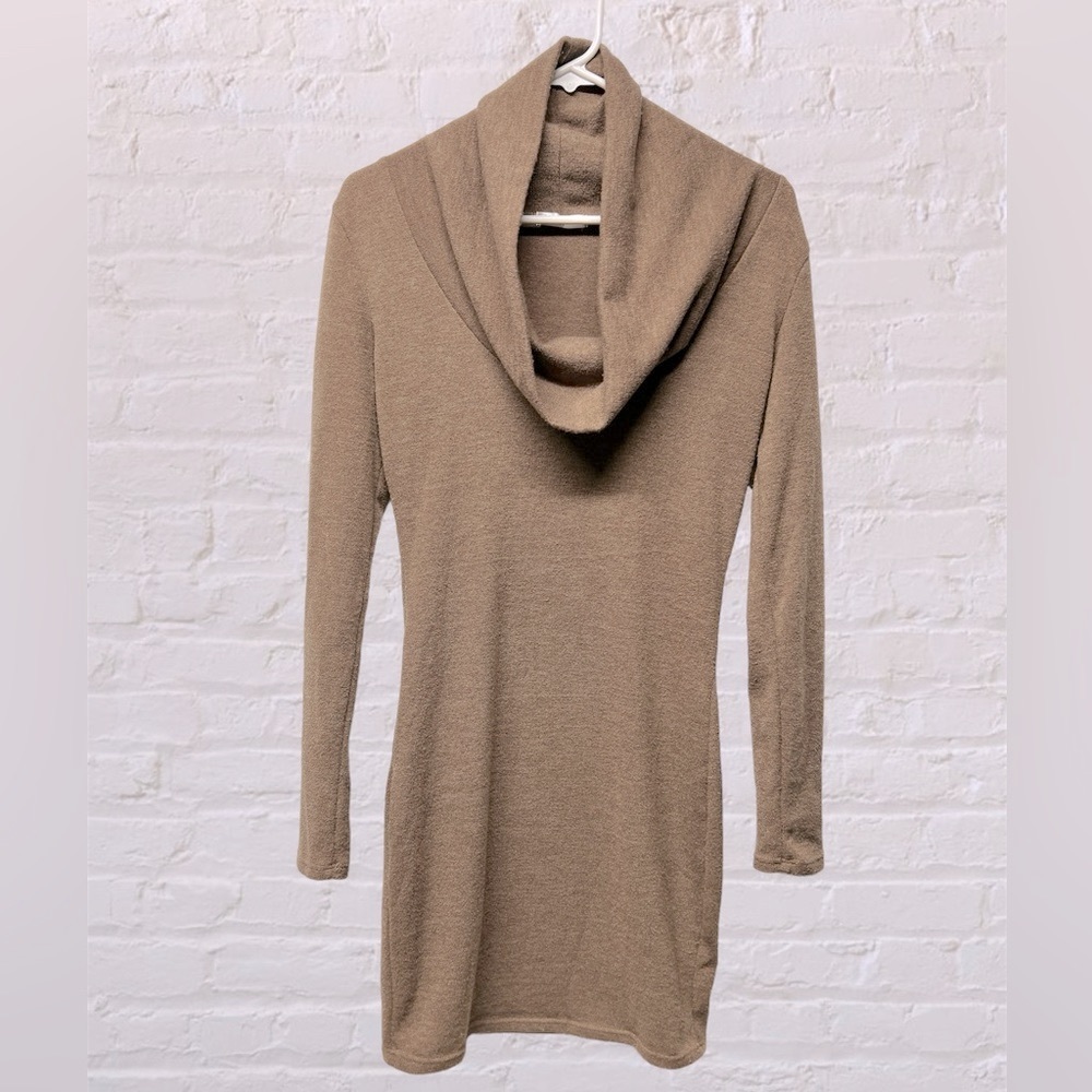 DoublJu tan cowl neck long sleeve tunic knit sweater dress sz medium